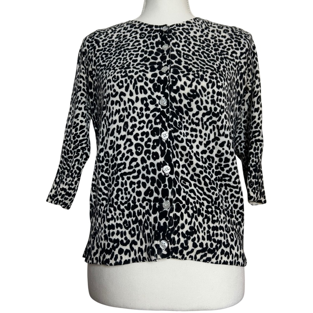 Vintage‎ AB Studio Women's Leopard Print 3/4 Sleeve Cardigan Sweater 100% Cotton